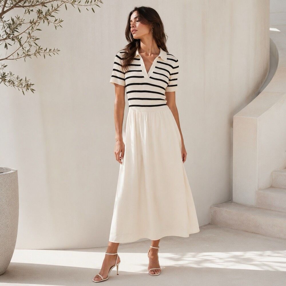 ARTELIER NICOLE MILLER Women's New LARGE Midi Dress Striped Polo Knit 006082